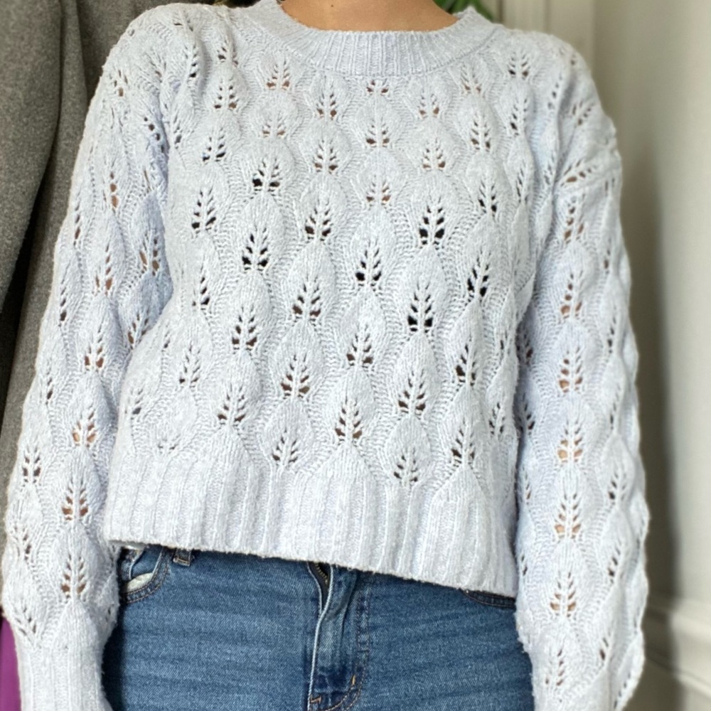 Sky Blue Cropped Long-Sleeve Knitted Sweater Small Fall Autumn